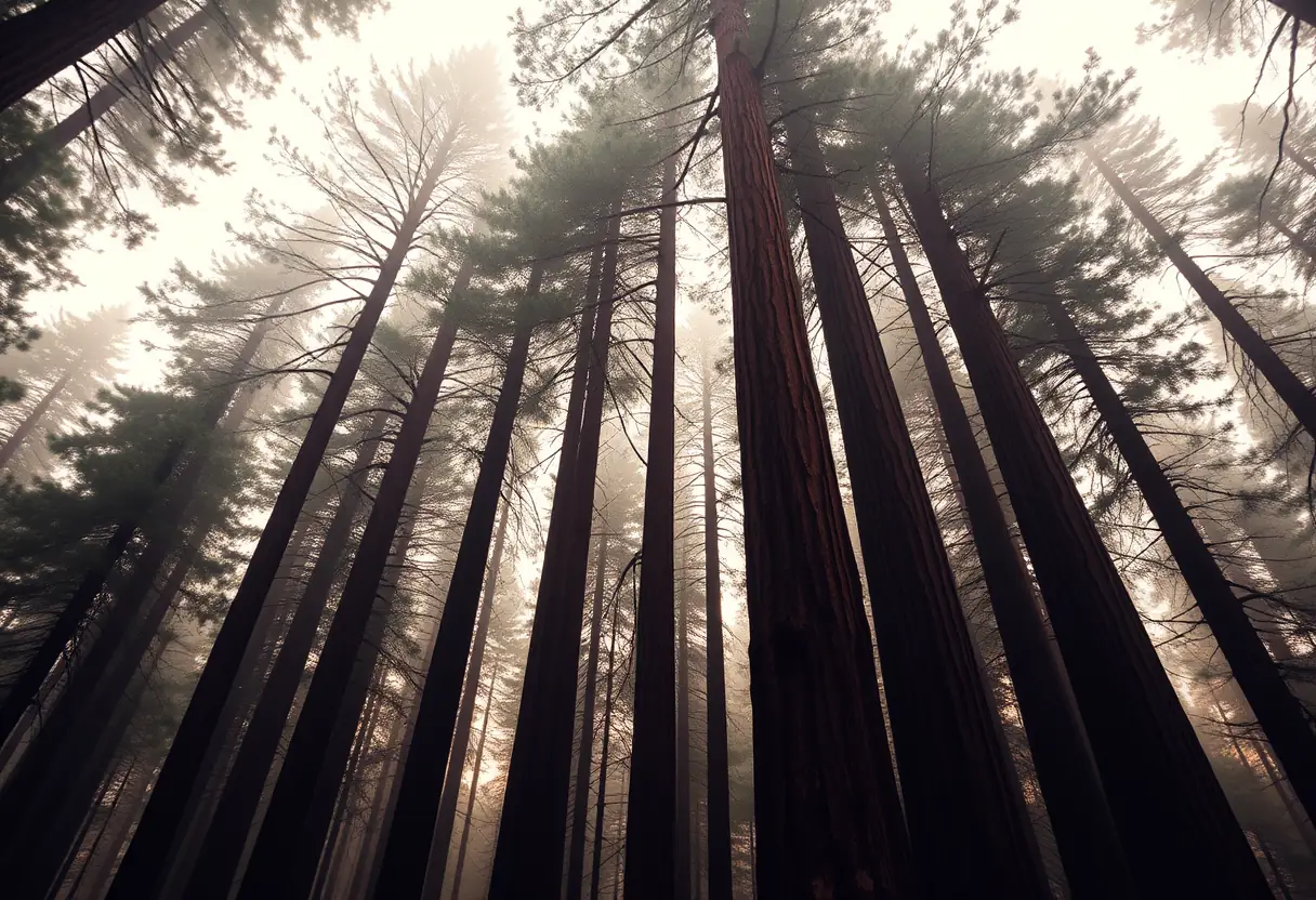 Forêt de séquoias sous la brume matinale