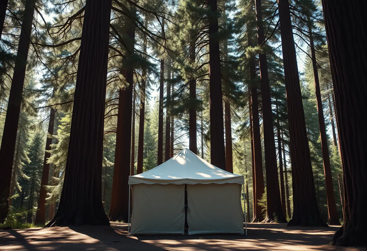 Une tente dans un bosquet de séquoias géants en Californie.