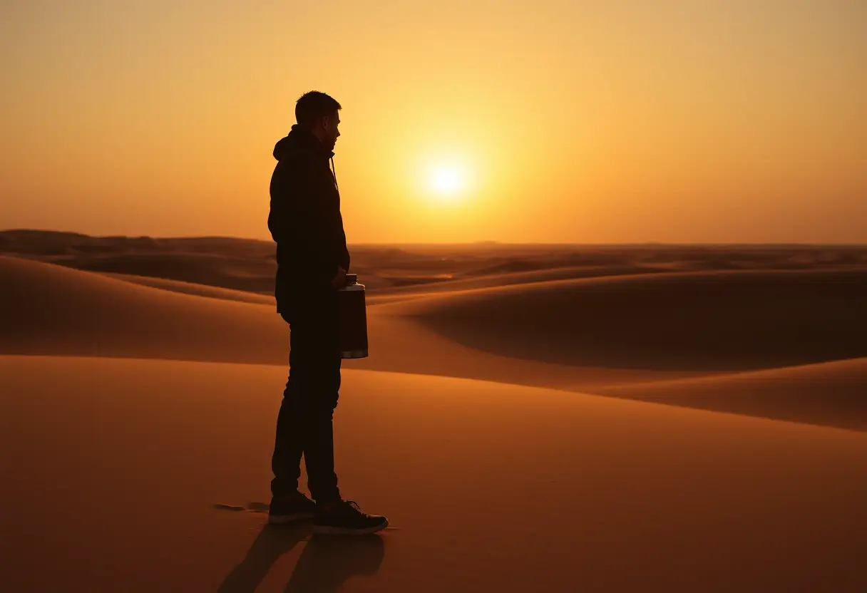 Un silhouetté se tient contre le soleil couchant, tenant une gourde en cuir dans le désert du Maroc
