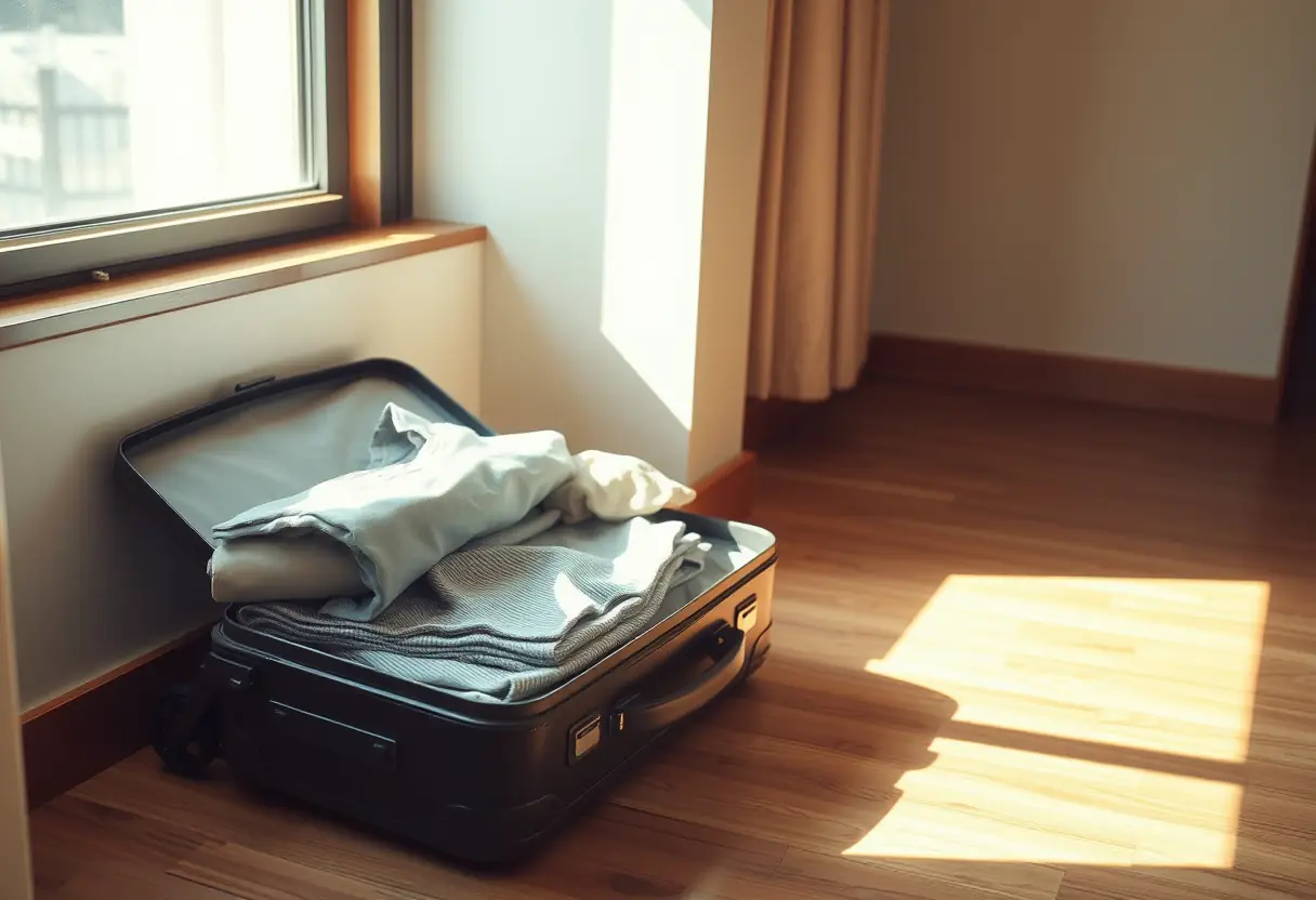 Une valise semi-ouverte dans une chambre d'hôtel, éclairée par la lumière du jour
