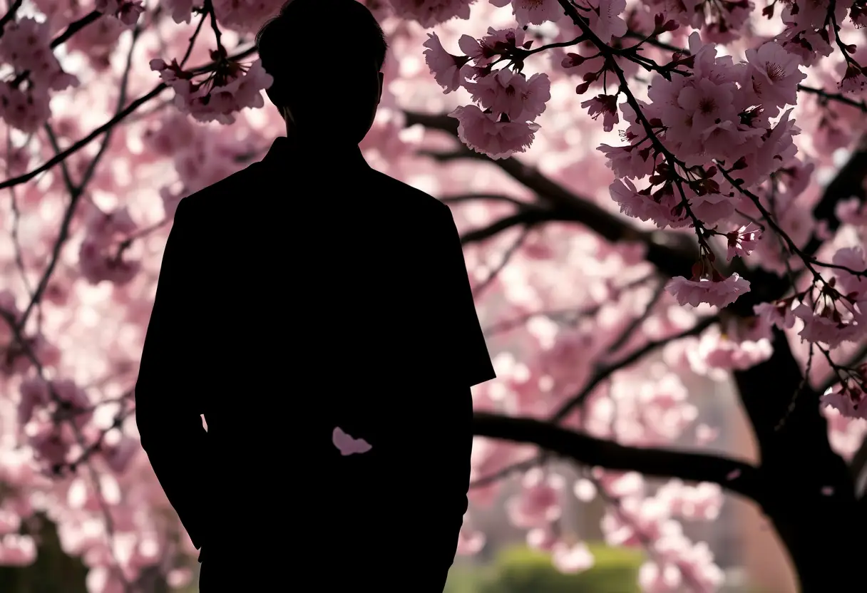 Un silhouetté devant un arbre aux fleurs de cerisier, pendant un voyage au Japon