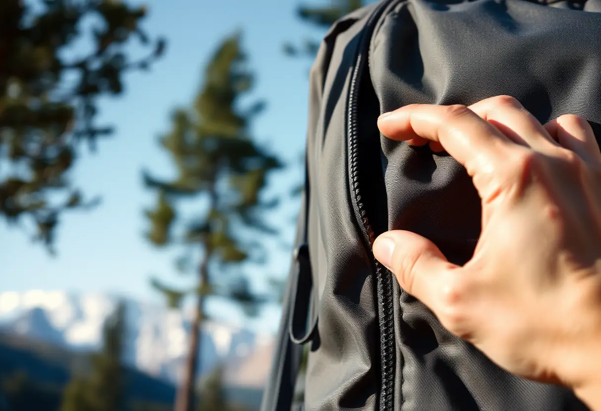 Une main refermant le zip d'un sac de voyage résistant, pendant un voyage au Japon