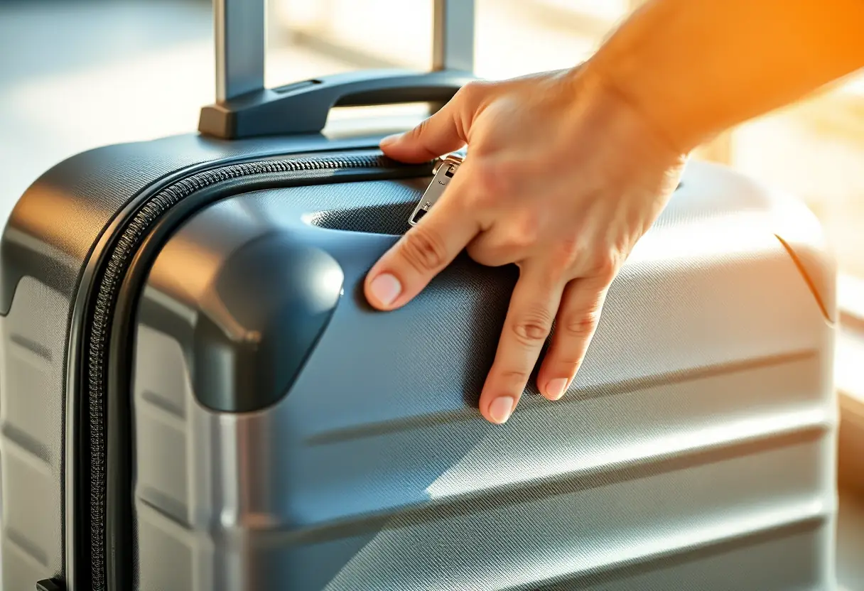 Une main ferme la fermeture éclair d'une valise rigide en polycarbonate
