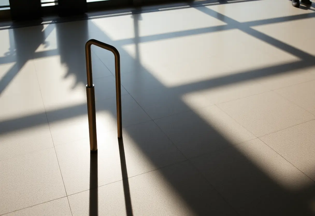 Un profil se tient près d'un bouton télescopique en aluminium dans un aéroport