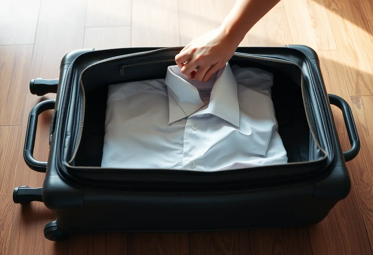 Une valise rigide ouverte sur un plancher en bois. Une main y plonge pour prendre un vêtement.