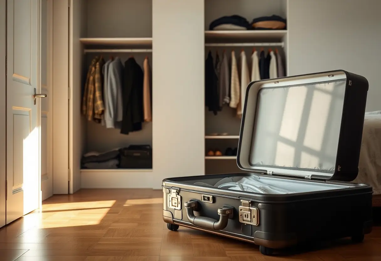 Une valise rigide bien rangée dans une chambre.