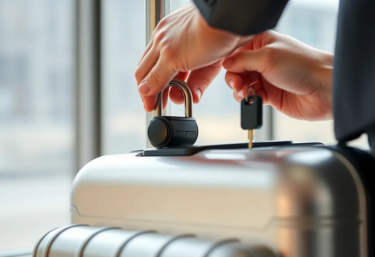 Une main introduit une clé dans la serrure d'une valise rigide près d'une fenêtre.