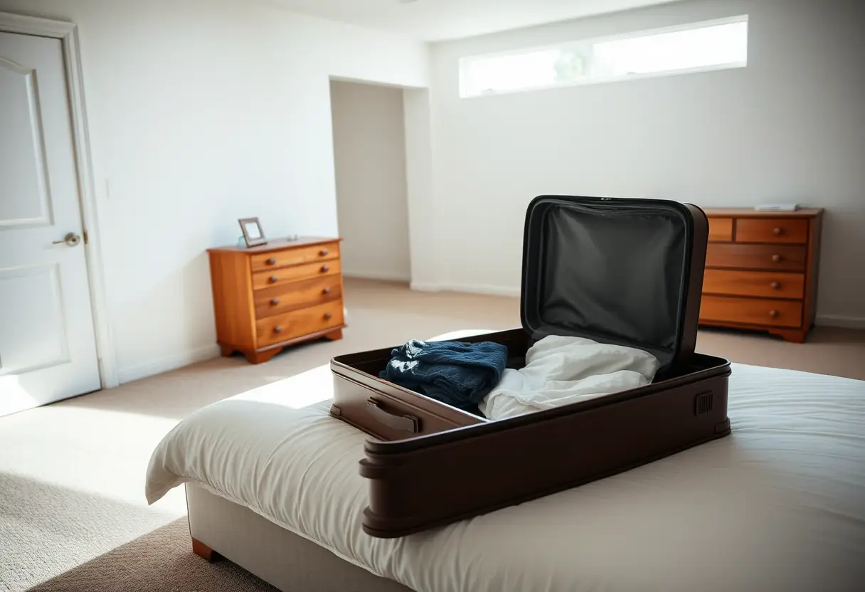 Une valise rigide ouverte sur un lit, prête pour le voyage, dans une chambre éclairée naturellement.