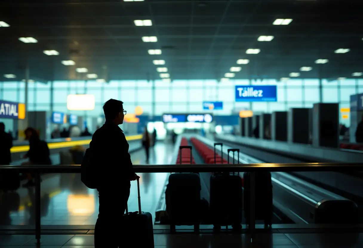 Silhouette d'un voyageur dans un terminal d'aéroport animé, plusieurs valises de tailles variées attendent sur un tapis transporteurs derrière lui.