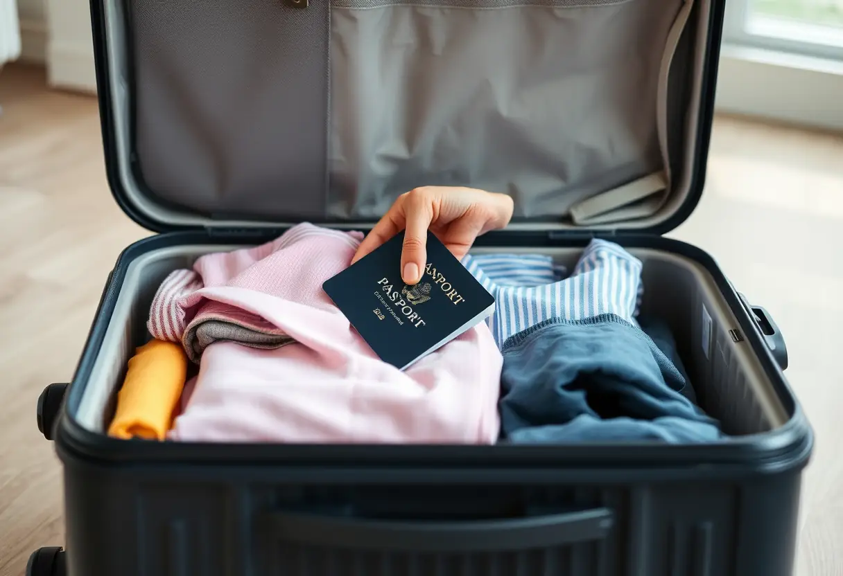 Une valise en plastique dur ouverte révélant des vêtements pliés. Une main y pêche un passeport.