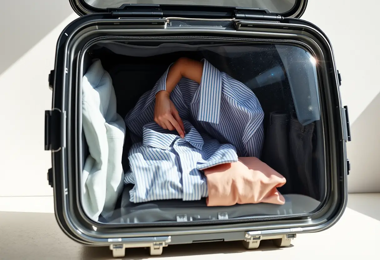 Un coffre rigide en polycarbonate ouvert révélant des vêtements rangés, main qui plonge dans la valise