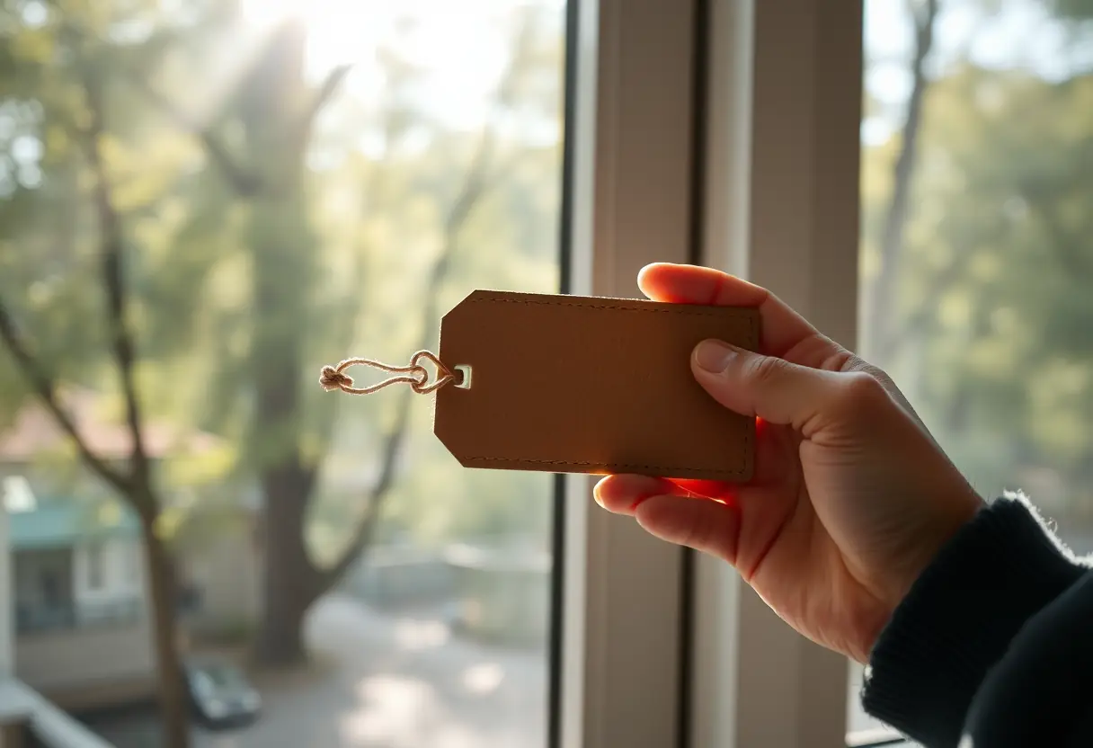 Un homme tient une étiquette rectangulaire pour bagage près d'une fenêtre avec la lumière du soleil