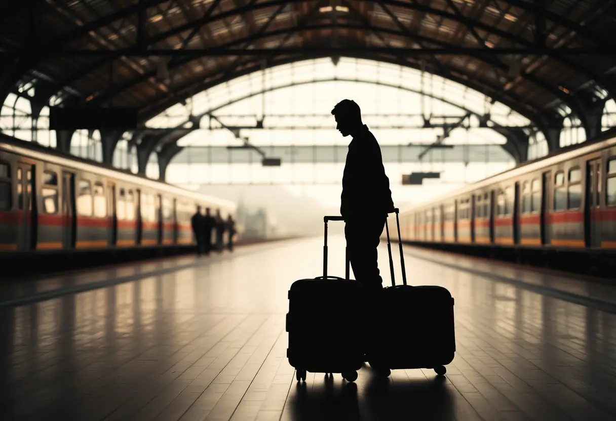 Un silhouetté se tient près d'une valise cylindrique dans une gare