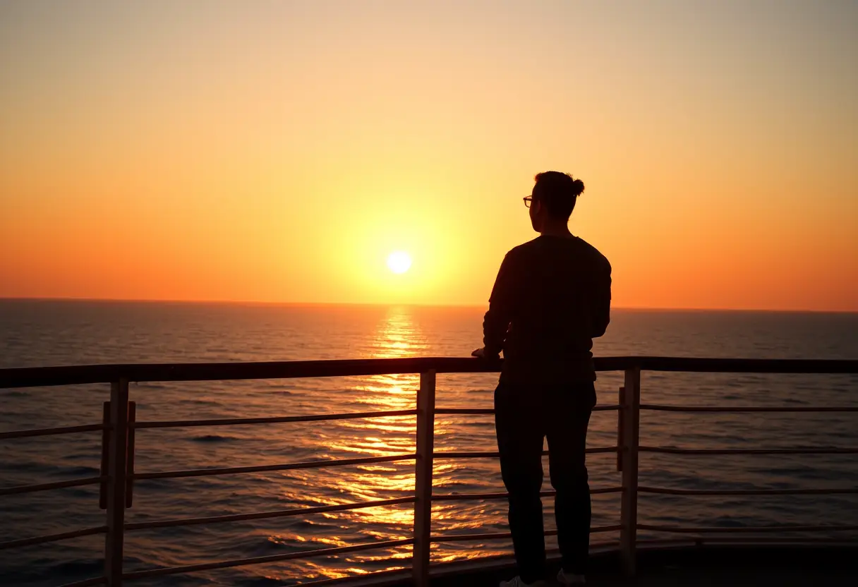 Un silhouetté sur le pont d'un navire de croisière au coucher du soleil