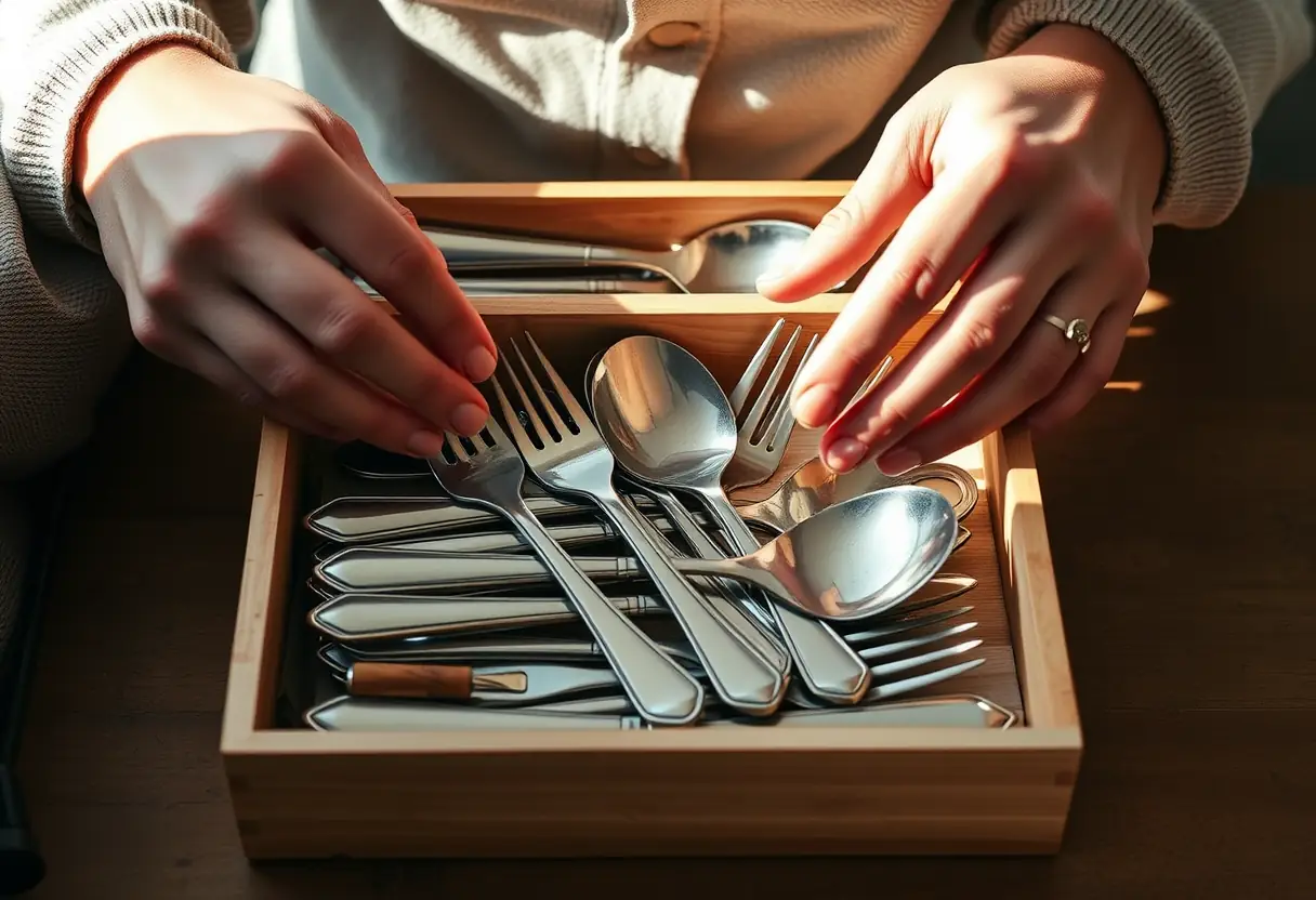 Des mains plient soigneusement des fourchettes en métal dans une boîte en bois pour le voyage