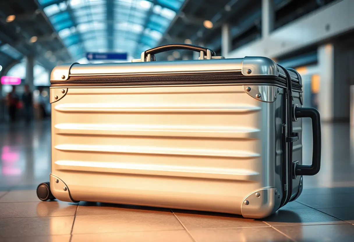 Une valise aux coins renforcés en métal repose sur un sol dallé dans un terminal d'aéroport, ses fermoirs et zippeurs reflétant la lumière douce des spots.