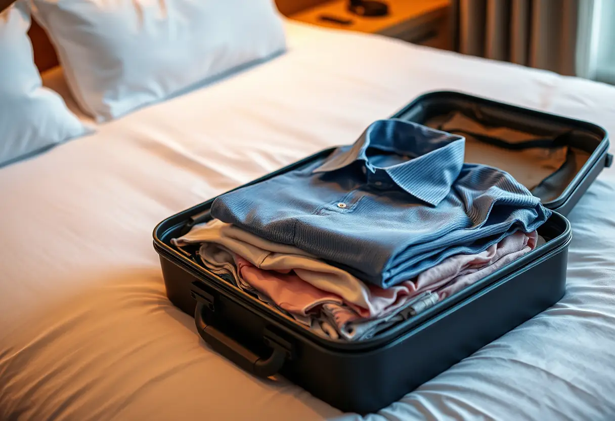 Un valise ouverte sur un lit d'hôtel contenant des vêtements et des produits de toilette