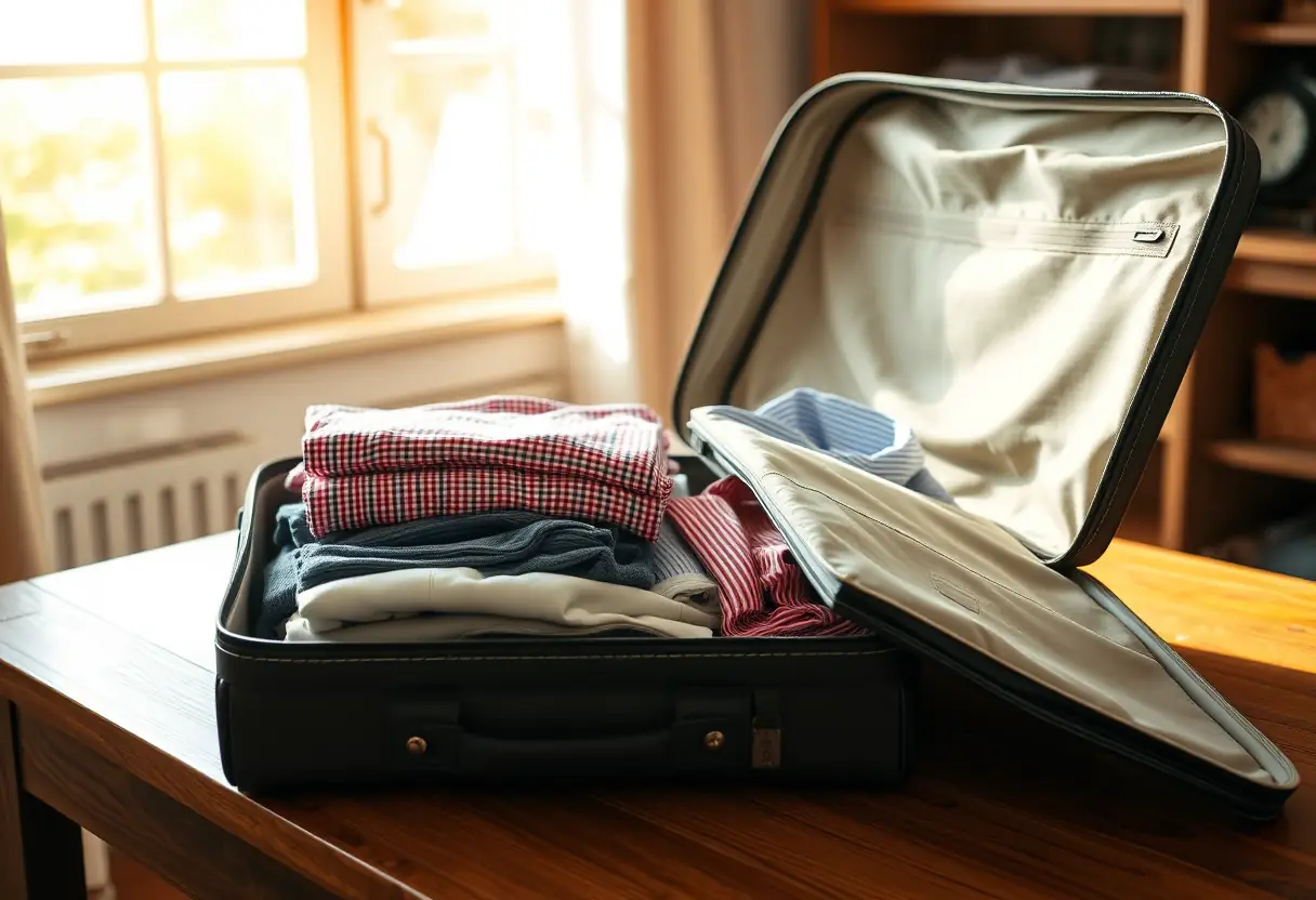 Une valise ouverte sur une table en bois, contenant des vêtements soigneusement pliés
