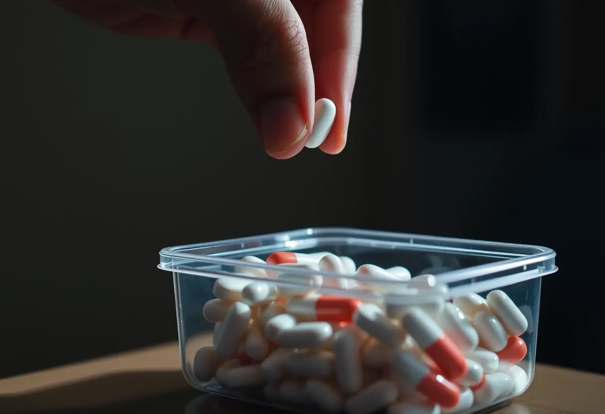 Une main extirpe une pilule d'un conteneur en plastique