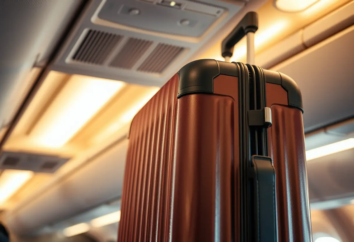 Une valise avec une poignée métallique robuste sur un porte-bagages dans une cabine d'avion.