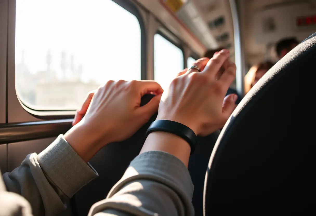 Des mains pressent doucement des bracelets anti-nausées sur les poignets assis dans un bus.