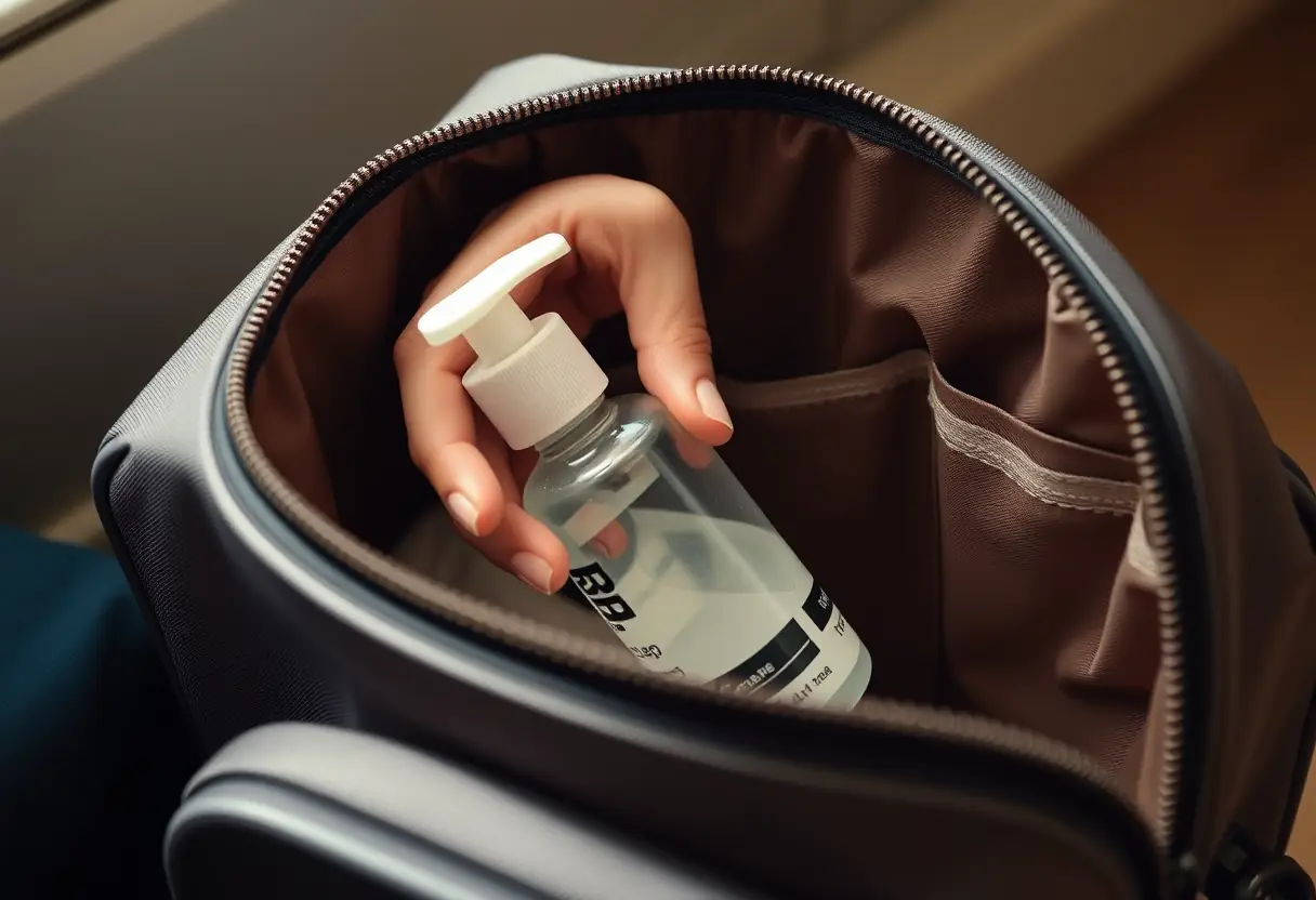 Une main plonge dans un sac de toilette pour prendre une petite bouteille de savon liquide, préparatifs pour le voyage en Espagne