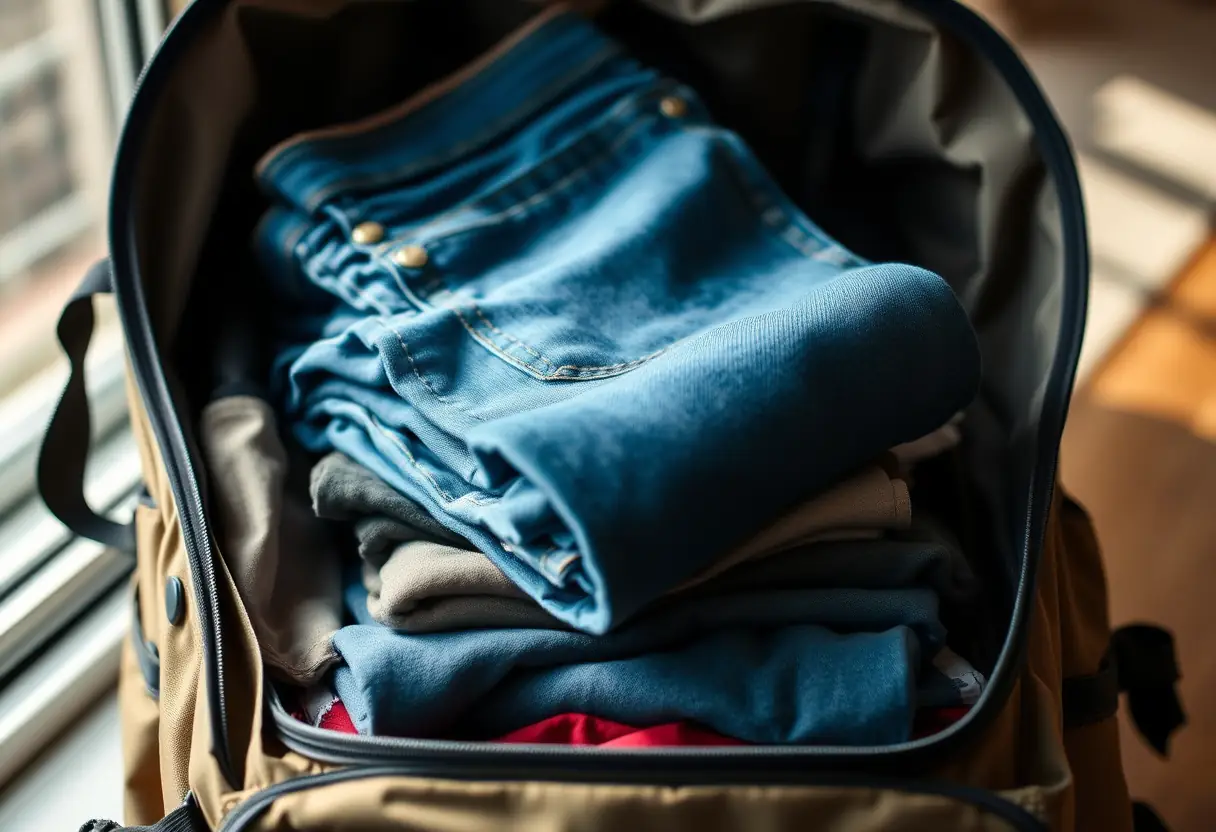 Un jean soigneusement plié repose sur une pile de vêtements à l'intérieur d'un sac à dos souple, éclairés par la lumière du matin