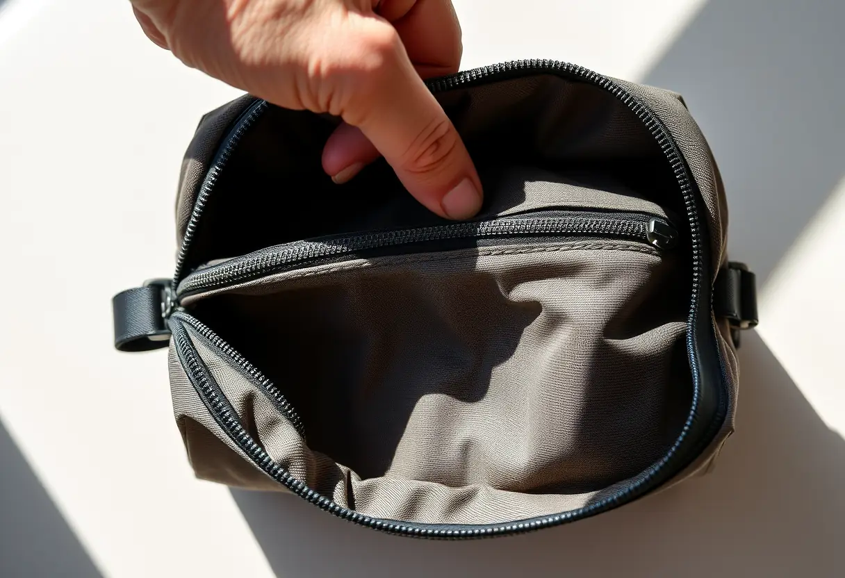 Une main ferme la fermeture à glissière d'un sac de voyage rectangulaire pour emmener dans l'avion.
