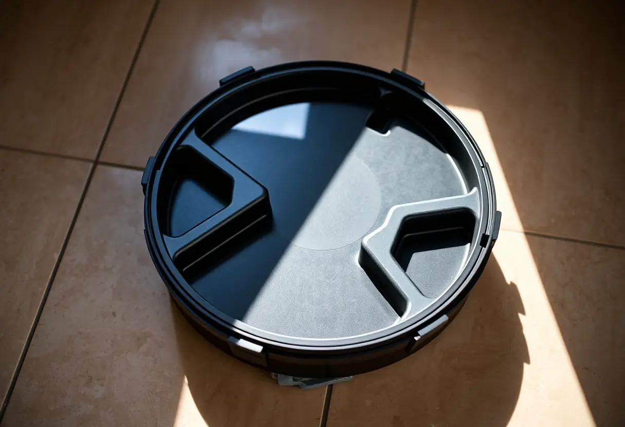 Une boîte en plastique ronde sur un sol carrelé, prête à transporter les affaires de voyageurs