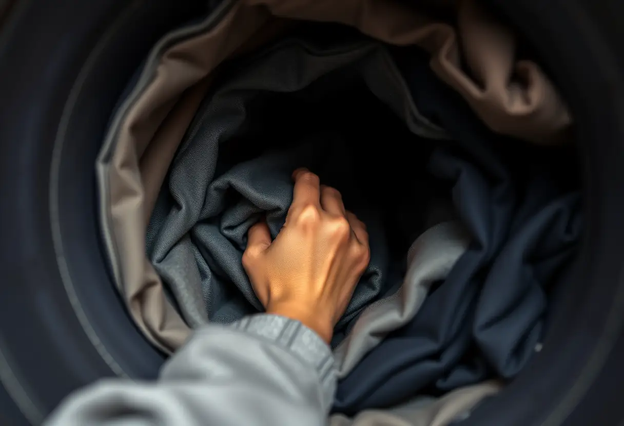 Une main insérée dans un tube cylindrique pour plier des vêtements.