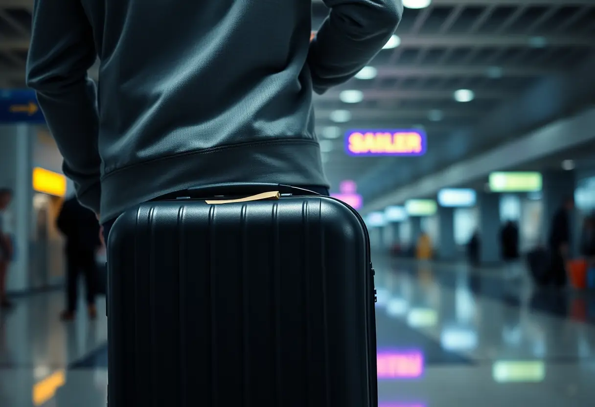 Une personne ferme sa valise rigide presque pleine dans un terminal d'aéroport.