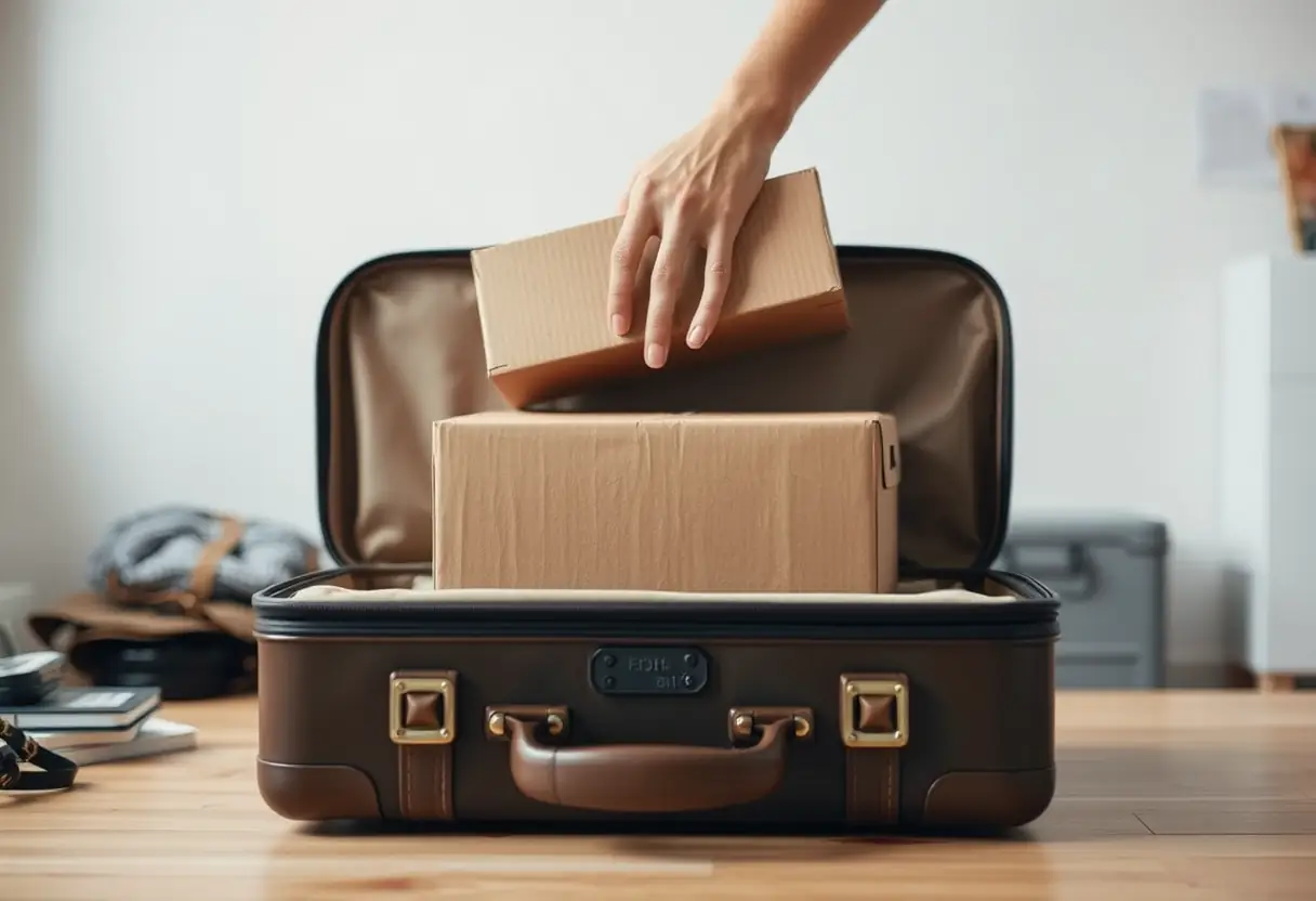 Une main organise soigneusement un emballage pour correspondre aux dimensions autorisées