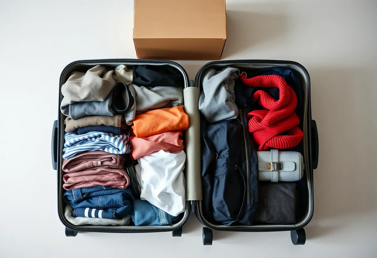 Un sac de voyage bien rempli et un carton rectangulaire, illustrant les stratégies d'économie d'espace
