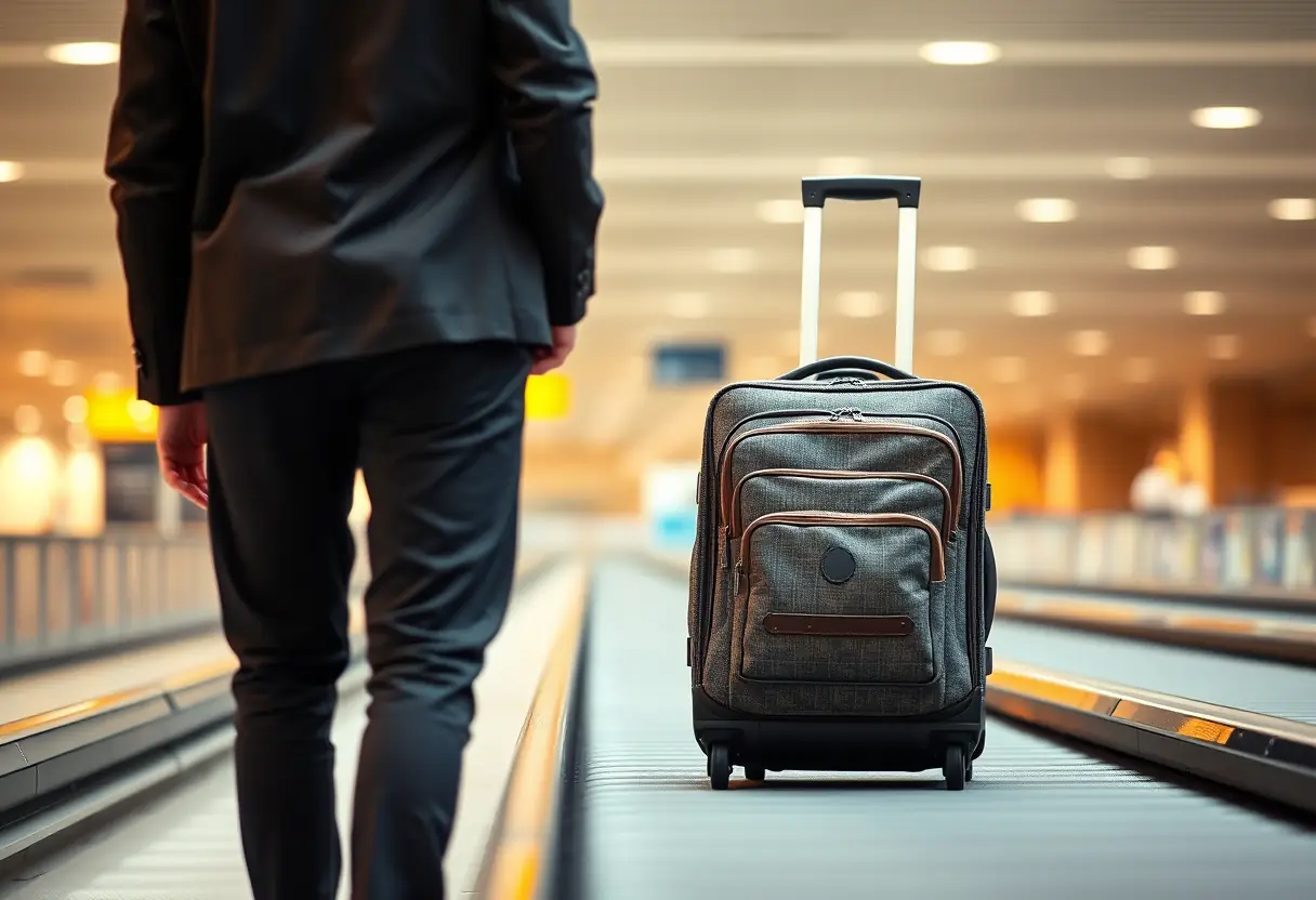Une valise avec des poches rangée sur un tapis de bagages à l'aéroport