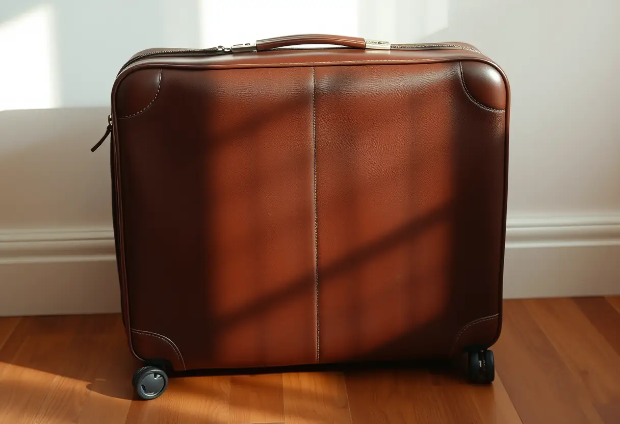 Une valise rectangulaire sur un plancher en bois clair, prête à être emportée pour un voyage.