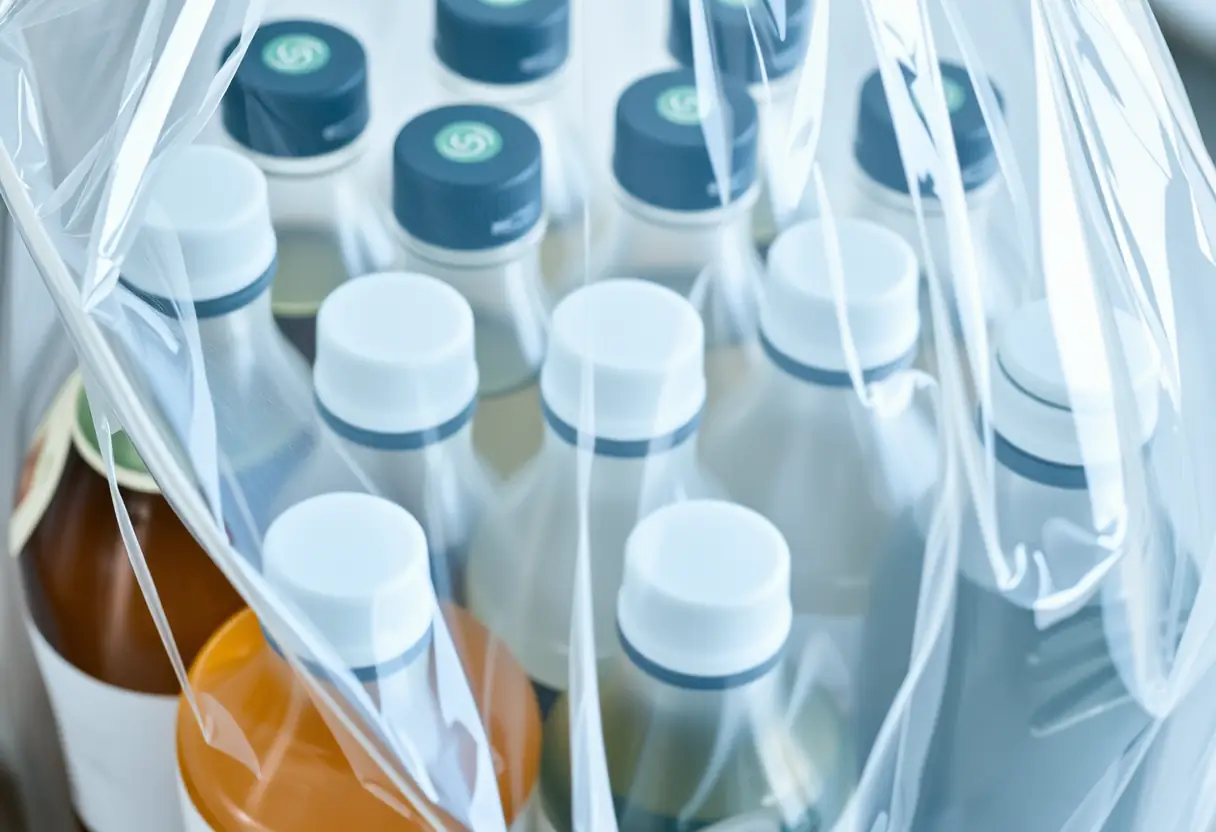 Un sac en plastique transparent contenant plusieurs bouteilles de liquide pour un voyage en avion.