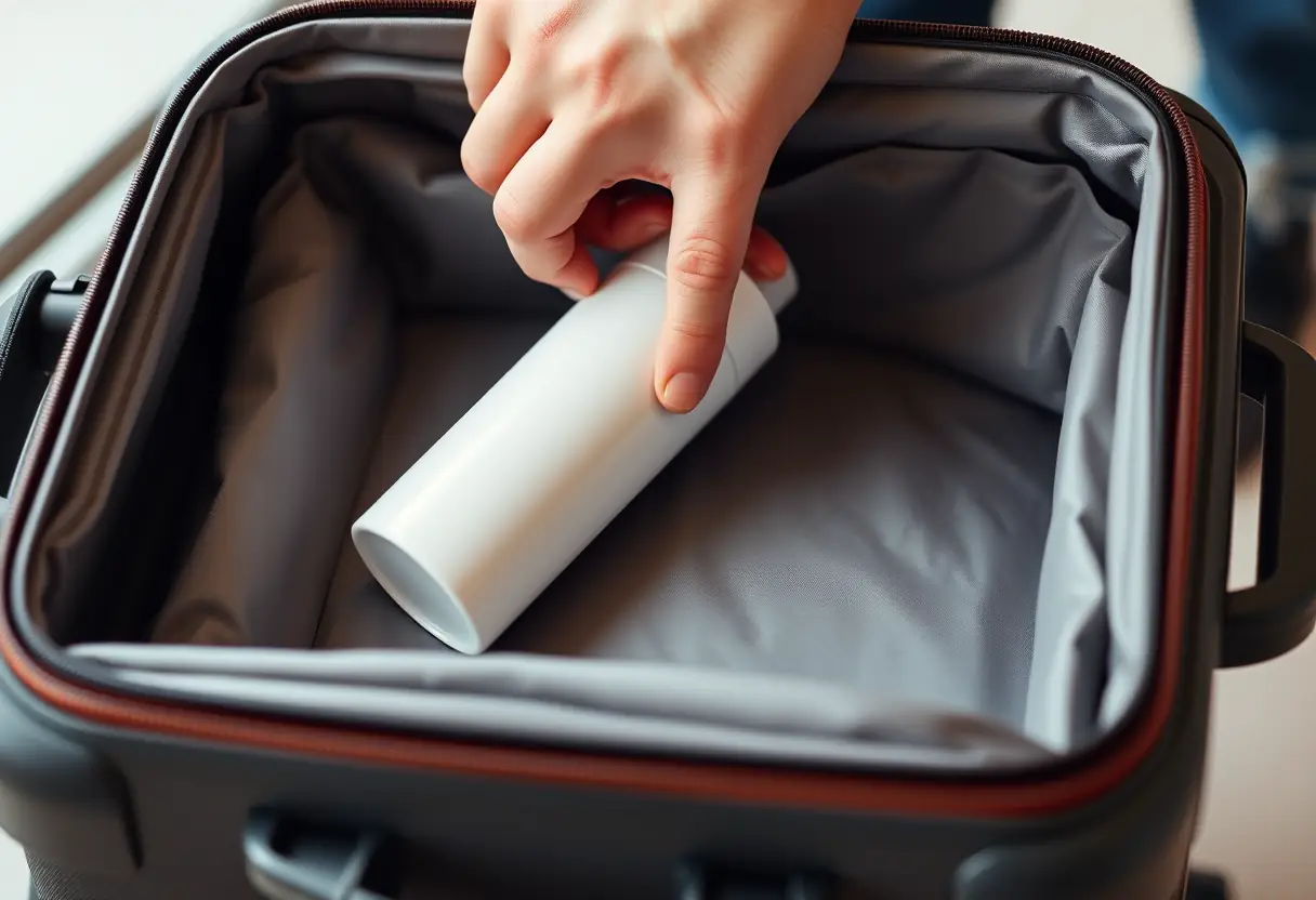 Une main plonge dans une valise rectangulaire pour y placer une bouteille de toilette cylindrique.