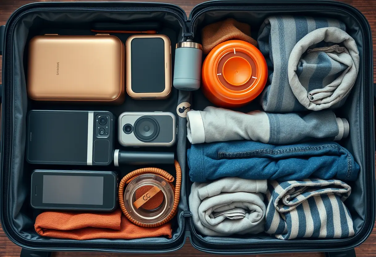 Vue d'une valise bien organisée avec divers objets tels que des électroniques, des bouteilles et des vêtements.