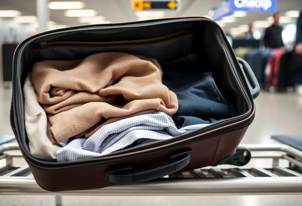 Une valise fermée posée sur un porte-valises dans un aéroport.