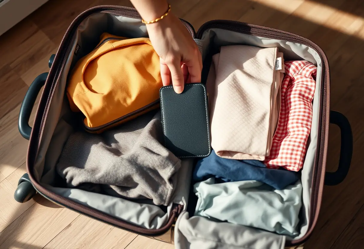 Valise Ryanair presque prête avec vêtements pliés et nécessaire de toilette