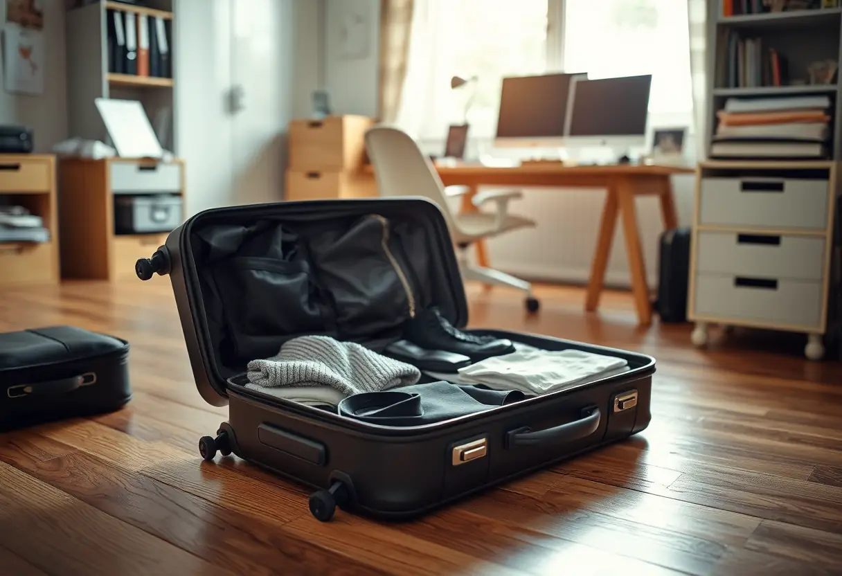 Valise rectangulaire allongée sur un plancher de bois montrant son organisation à l'intérieur