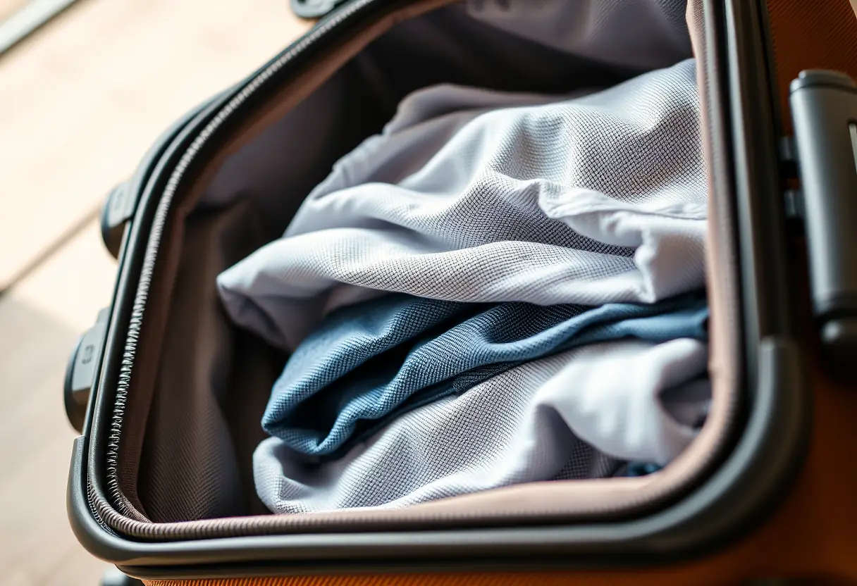 Vue rapprochée d'une valise rectangulaire robuste ouverte légèrement, montrant ses vêtements pliés à l'intérieur, prête pour un voyage avec Ryanair.