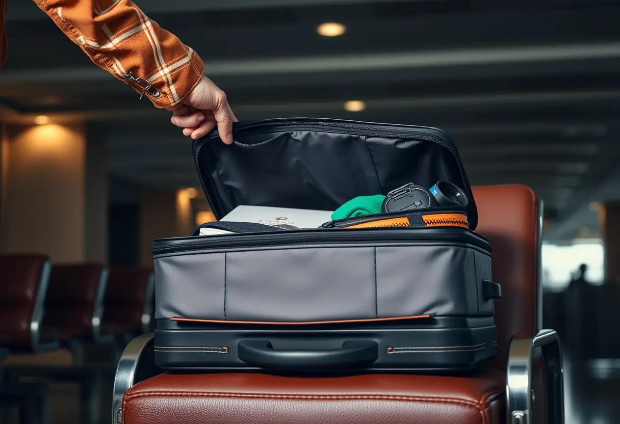 Une main zipe soigneusement une grande valise remplies d'articles avant le départ à l'aéroport.