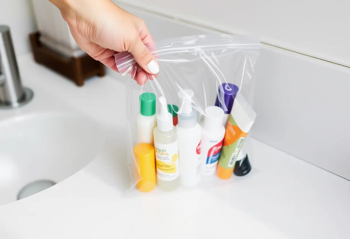 Une main tenant un sachet plastique avec des produits de toilette de voyage posé sur un comptoir blanc.