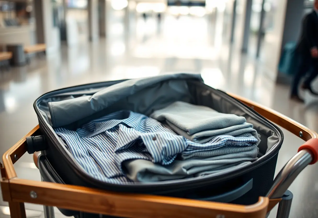 Un sac à dos ouvert montrant des vêtements pliés dans un aéroport