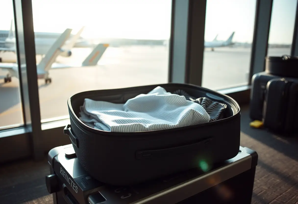 Une valise ouverte révèle des vêtements soigneusement pliés sur un plateau de pesée à l'aéroport.