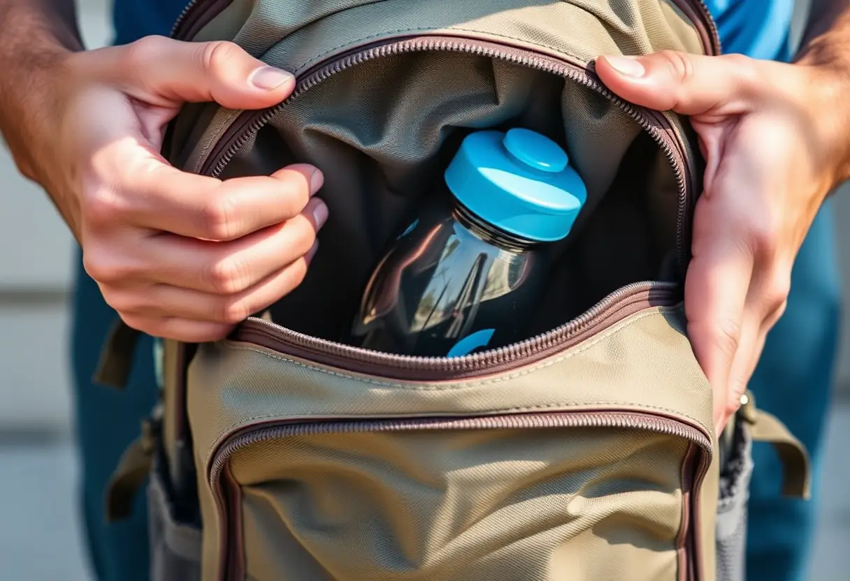 Des mains referment un sac à dos avec une bouteille d'eau bien rangée à l'intérieur.