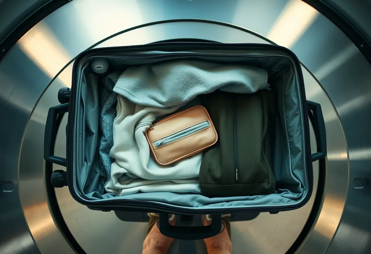 Un sac à dos ouvert sur un tapis de bagages contenant des vêtements pliés et une trousse de toilette.