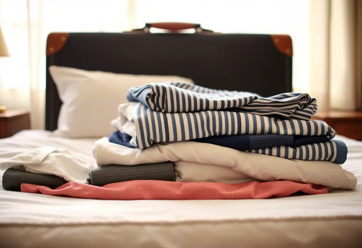 Une poignée de cuir de valise au milieu de vêtements pliés dans une chambre d'hôtel