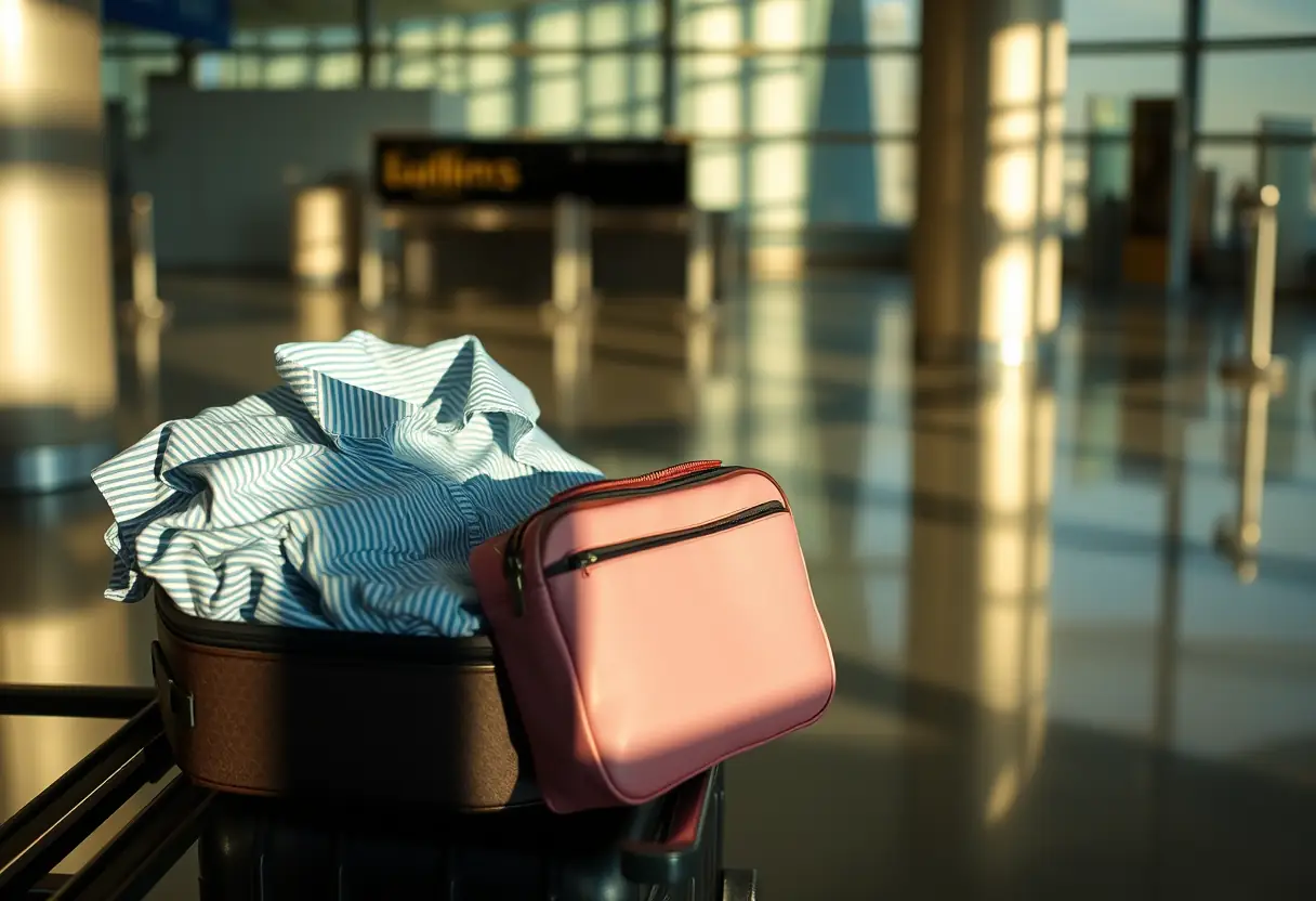 Une valise presque pleine se trouve sur une étagère de l'aéroport, remplie de vêtements pliés et d'un petit sac de toilette.